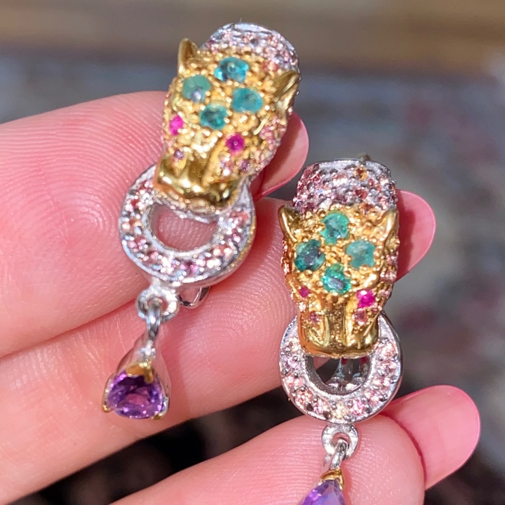 Teardrop Amethyst Emerald Ruby Earrings - image 6